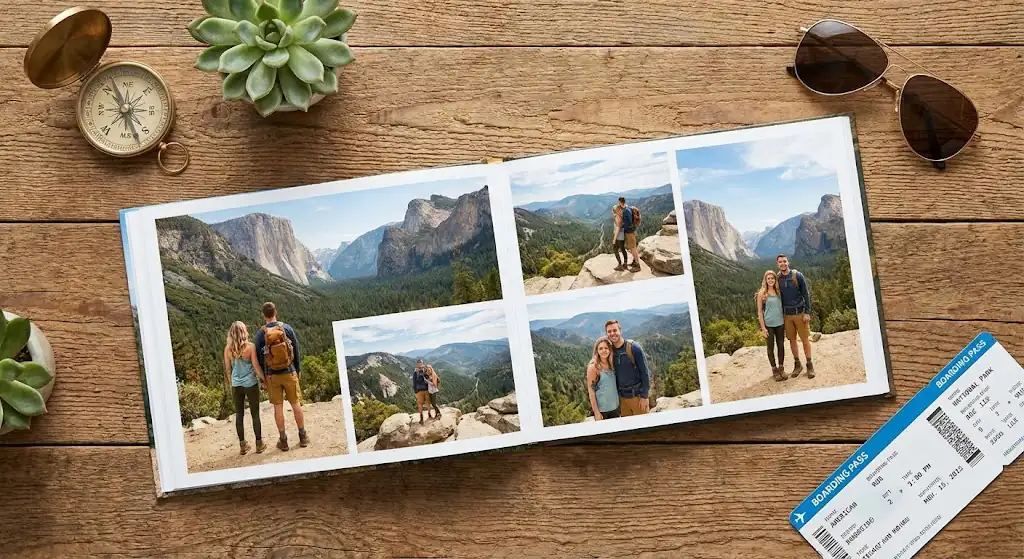 Open travel photo album on a wooden table surrounded by travel accessories showing national park adventure photos