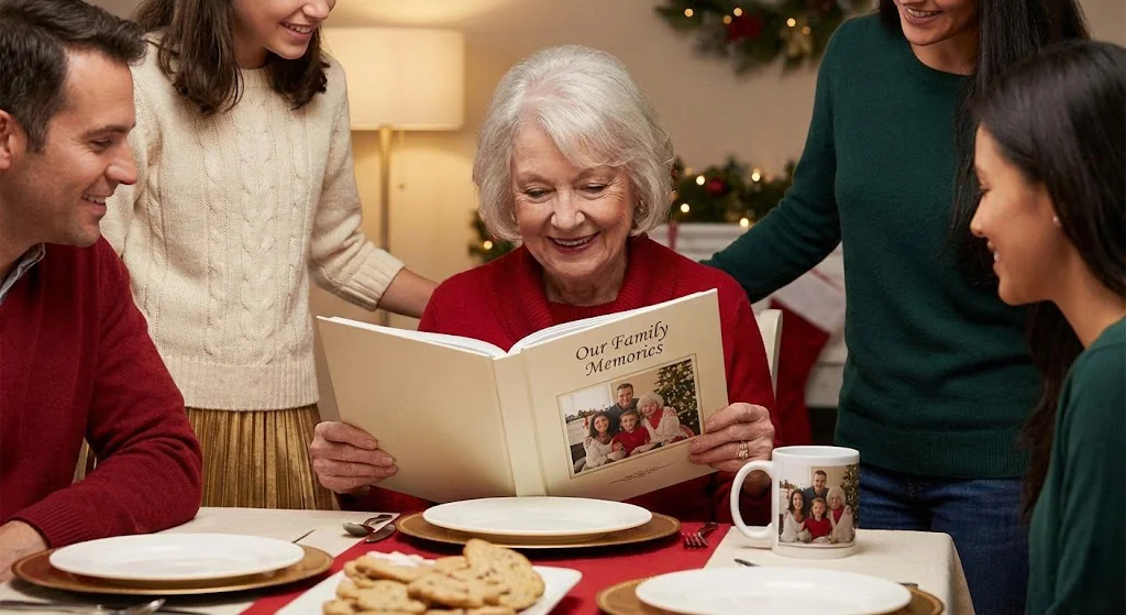 Grandmother opening a personalized family photo album gift at a holiday family gathering with a custom photo mug on the table