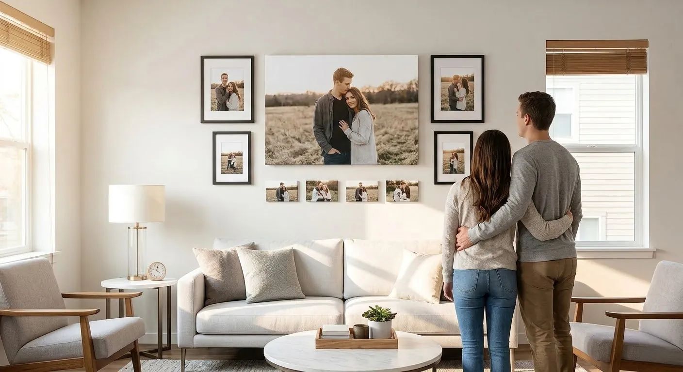 Gallery wall displaying multiple standard
photo sizes from 4x6 to 24x36 canvas prints in a modern American living
room
