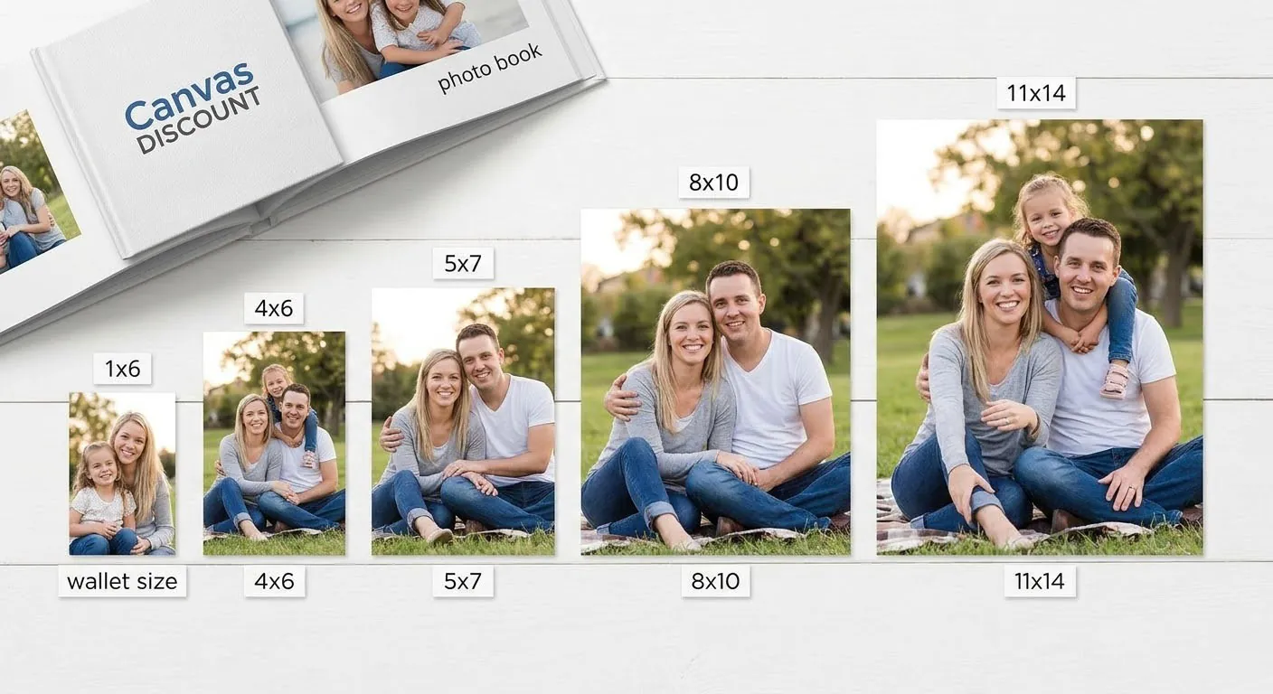 Flat-lay comparison of standard photo
print sizes from wallet to 11x14 on a white table with labeled
dimensions
