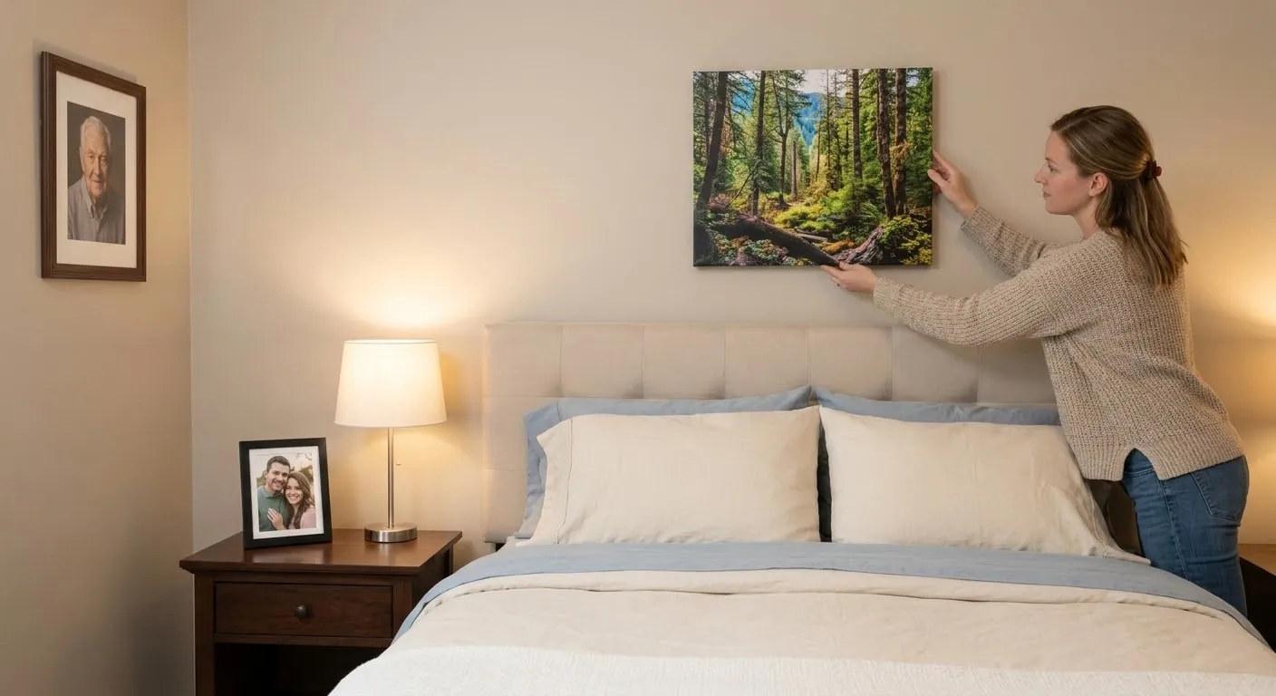 Bedroom displaying standard picture frame
sizes including 5x7, 8x10 framed prints and a 16x20 canvas print above
the bed