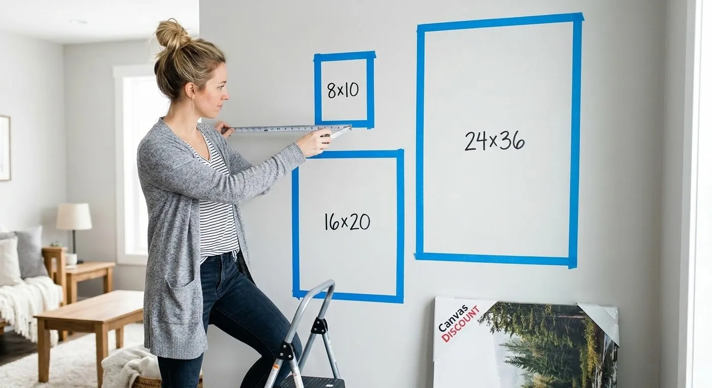 Woman measuring wall space with tape
measure and painter's tape outlines showing different standard photo
print sizes