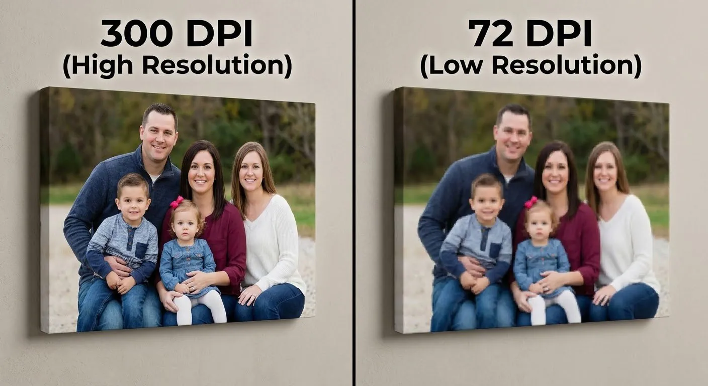 Side-by-side comparison of a 16x20 photo
print at 300 DPI versus 72 DPI showing the difference in sharpness and
quality