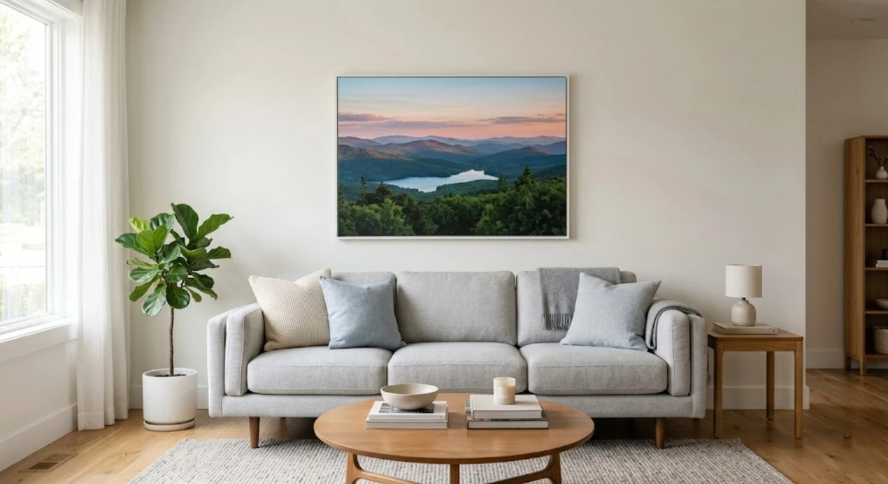 Canvas wall art sized to two-thirds of sofa width demonstrating correct proportions above a couch.