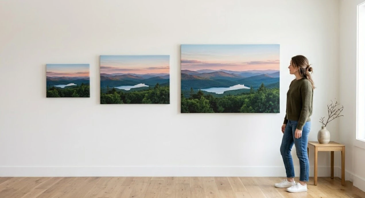 Three canvas prints in different sizes displayed on a white wall showing visual scale comparison with a person for reference.