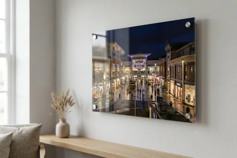 acrylic photo print basingstoke – a glossy acrylic print of Festival Place at night mounted off a pale wall
