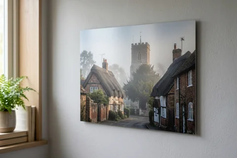 aluminium photo print basingstoke – a matte aluminium panel print of Old Basing village in morning mist mounted flush on a grey wall