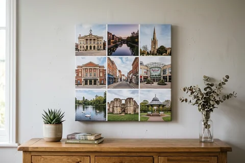 canvas collage print basingstoke – a collage canvas of nine small Basingstoke scenes in a nine-photo grid hung above a sideboard