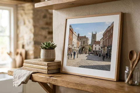 framed photo board basingstoke – a slim-framed photo board of the Market Place standing on a kitchen shelf