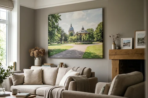 large canvas print basingstoke – a very large canvas of War Memorial Park looking towards the bandstand dominating a living room wall