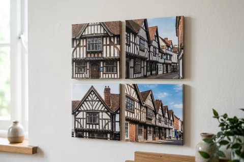 mixpix photo tiles basingstoke – four 20×20 cm photo tiles of the Top of Town's timber shopfronts arranged in a cluster on a white wall with no visible fixings