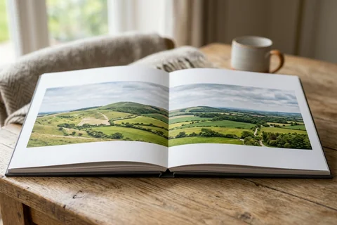 photo book basingstoke – an open layflat photo book showing a panorama of the North Hampshire downs across the double-page spread