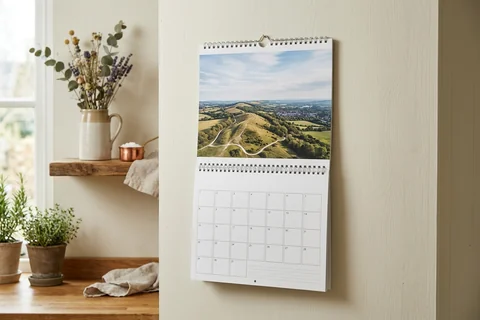 photo calendar basingstoke – a spiral-bound wall calendar open on a month showing Watership Down, hanging in a kitchen