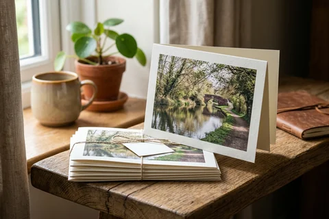 photo cards basingstoke – a stack of folded greetings cards with a photograph of the Basingstoke Canal at Odiham on the front, one propped open