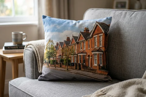 photo cushion basingstoke – a plush square cushion printed borderless with a Victorian Basingstoke terrace on a grey sofa