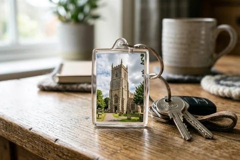 photo keyring basingstoke – a rectangular photo keyring showing St Michael's tower beside a set of keys
