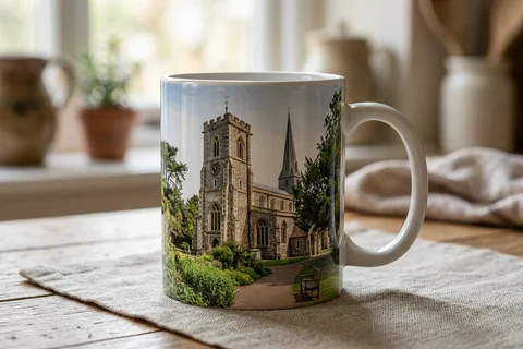 photo mug basingstoke – a ceramic mug with a wrap-around print of St Michael's Church on a kitchen table