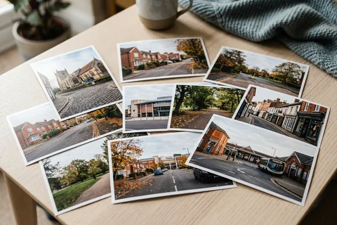 photo prints basingstoke – a loose fan of 10×15 cm photo prints of Basingstoke street scenes on a pale wooden table