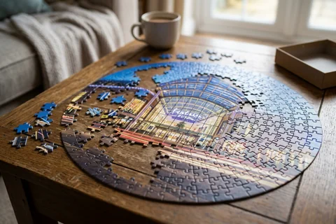 photo puzzle basingstoke – a partly completed jigsaw puzzle of Festival Place lights on a wooden table