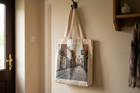 photo tote bag basingstoke – a cloth tote bag printed with a photograph of Winchester Street hanging on a hallway hook