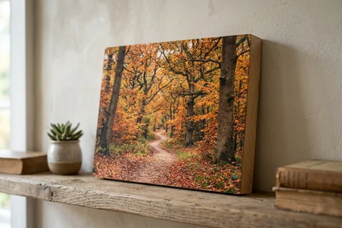 photo print on wood basingstoke – a wood print of Crabtree Plantation in autumn with the grain visible through the image, leaning on a shelf