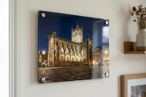 acrylic photo print bath – a glossy acrylic print of the Abbey at night mounted off a pale wall