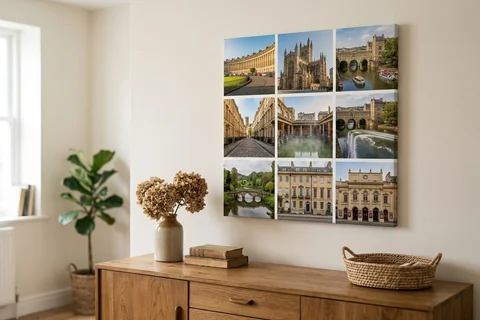 canvas collage print bath – a collage canvas of nine small Bath scenes in a nine-photo grid hung above a sideboard