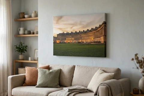 canvas print bath – a gallery-wrapped canvas print of the Royal Crescent at dusk hung above a sofa