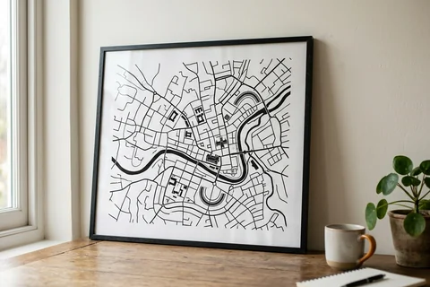 bath city map poster – a framed minimalist black-and-white street map poster of the city centre on a desk