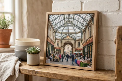 framed photo board bath – a slim-framed photo board of the Guildhall Market standing on a kitchen shelf