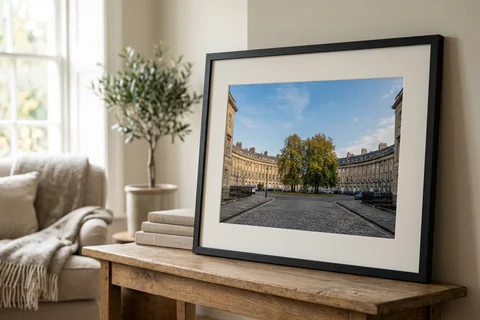 framed photo print bath – a framed print of the Circus with a white mount and black frame standing on a console table