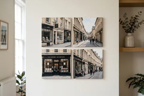 mixpix photo tiles bath – four 20×20 cm photo tiles of Milsom Street shopfronts arranged in a cluster on a white wall with no visible fixings
