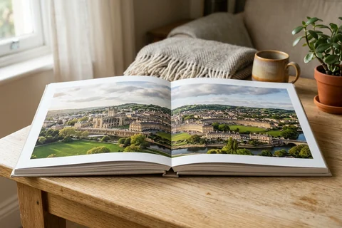 photo book bath – an open layflat photo book showing a panorama of the city from Alexandra Park across the double-page spread