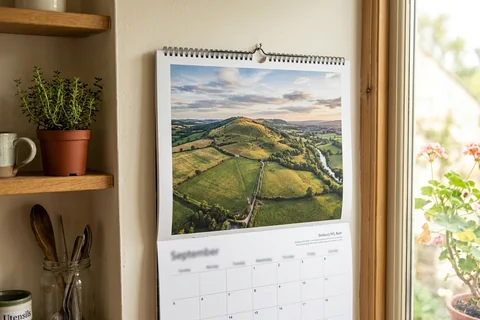 photo calendar bath – a spiral-bound wall calendar open on a month showing Solsbury Hill, hanging in a kitchen