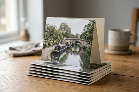 photo cards bath – a stack of folded greetings cards with a photograph of the Kennet and Avon Canal at Sydney Gardens on the front, one propped open