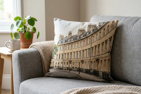 photo cushion bath – a plush square cushion printed borderless with a Bath stone terrace on a grey sofa