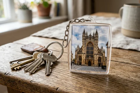 photo keyring bath – a rectangular photo keyring showing Bath Abbey's west front beside a set of keys
