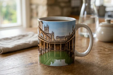 photo mug bath – a ceramic mug with a wrap-around print of the Roman Baths' Great Bath on a kitchen table