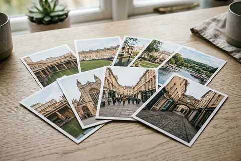 photo prints bath – a loose fan of 10×15 cm photo prints of Bath street scenes on a pale wooden table