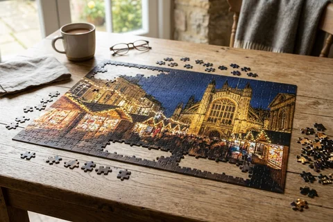 photo puzzle bath – a partly completed jigsaw puzzle of Bath Christmas Market lights on a wooden table