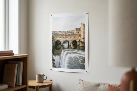 poster print bath – an unframed poster print of Pulteney Bridge and the weir pinned to a pale wall