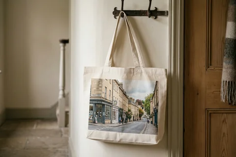 photo tote bag bath – a cloth tote bag printed with a photograph of Walcot Street hanging on a hallway hook
