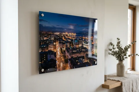 acrylic photo print belfast – a glossy acrylic print of the city skyline at night from Cave Hill mounted off a pale wall