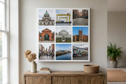 canvas collage print belfast – a collage canvas of nine small Belfast scenes in a nine-photo grid hung above a sideboard
