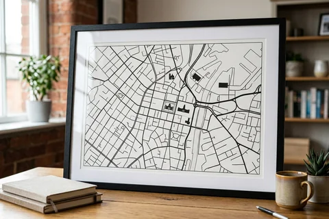belfast city map poster – a framed minimalist black-and-white street map poster of the city centre on a desk