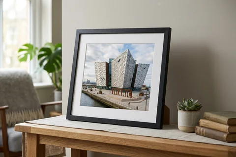 framed photo print belfast – a framed print of the Titanic Belfast building with a white mount and black frame standing on a console table