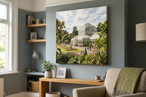 large canvas print belfast – a very large canvas of Botanic Gardens looking towards the Palm House dominating a living room wall
