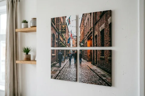 mixpix photo tiles belfast – four 20×20 cm photo tiles of Cathedral Quarter cobbles arranged in a cluster on a white wall with no visible fixings
