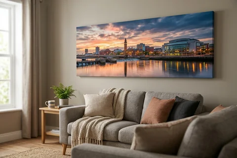 panoramic canvas print belfast – a wide panoramic canvas of the Lagan at sunset hung above a long sofa
