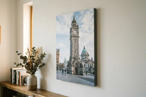 photo board print belfast – a frameless matte photo board of the Albert Memorial Clock hanging flush on a pale wall